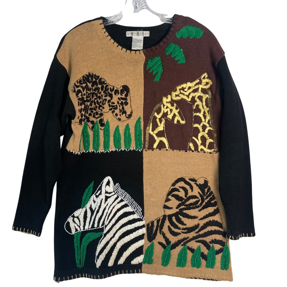 VTG Jungle Animal Sweater M by OHI Embroidered Beaded 90s‎ Art Wear